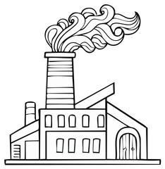 Naklejka premium Industrial factory with smokestack emitting smoke, architectural drawing, line art