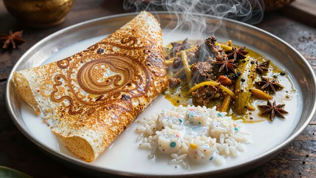 A plate of Indian food with a decorative fried crepe