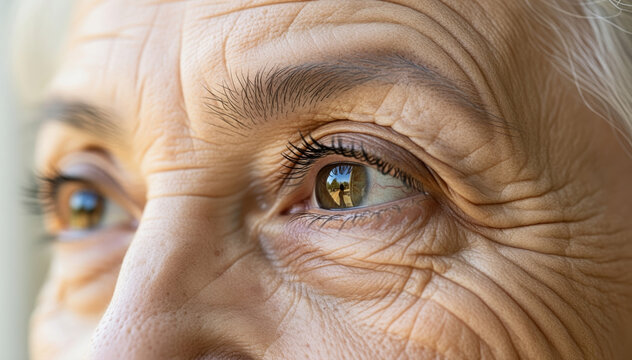 Whispers of Time: Intimate portrait of an elderly's eyes, revealing the gentle etchings of time, conveying wisdom, and experience, a poignant reflection on the passage of life.