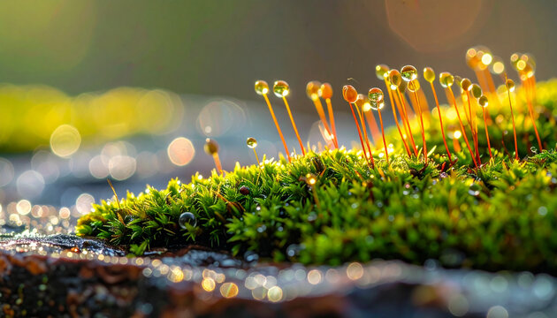 Close up of vibrant green moss with delicate water droplets outdoors