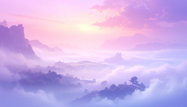 Dreamy mountain landscape with soft clouds and pastel sky at sunset