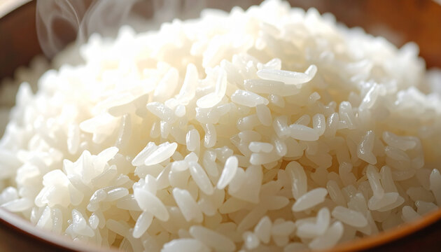 Steaming bowl of white rice close up studio shot for food presentation