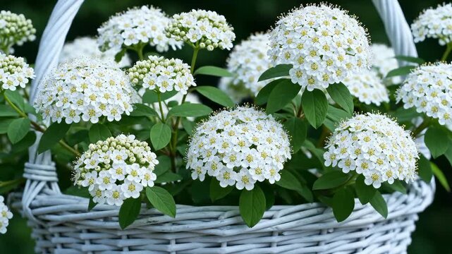 Close-Up of a White Wicker Basket Filled With Delicate White Spirea Flowers and Green Leaves