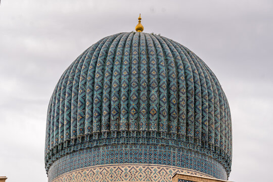 Gur-e-Amir - a mausoleum of the Asian conqueror Timur. Translation on mosque: Tamerlane. Famous travel destination in Uzbekistan