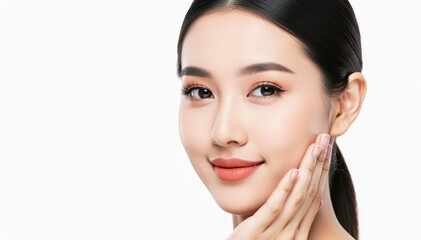 Obraz premium Pure Radiance: The image captures a portrait of flawless beauty, highlighting a person with smooth, clear skin and a radiant glow, emphasizing the elegance and freshness of the face. 