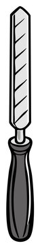 Detailed illustration of a metal rasp tool with a dark handle