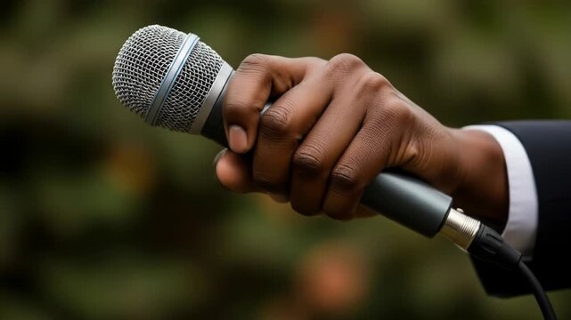 A close-up photograph of a dark-skinned hand firmly gripping a sleek, silver and black microphone with a blurred background