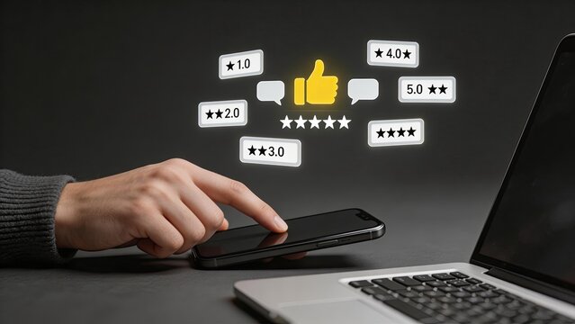 Hand using smartphone with digital rating stars and feedback icons customer review concept online rating system user experience social media engagement technology business