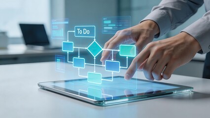 Fototapeta premium Businessman using a tablet with a holographic to do list and flowchart interface managing tasks and workflow in a modern office environment for productivity and digital