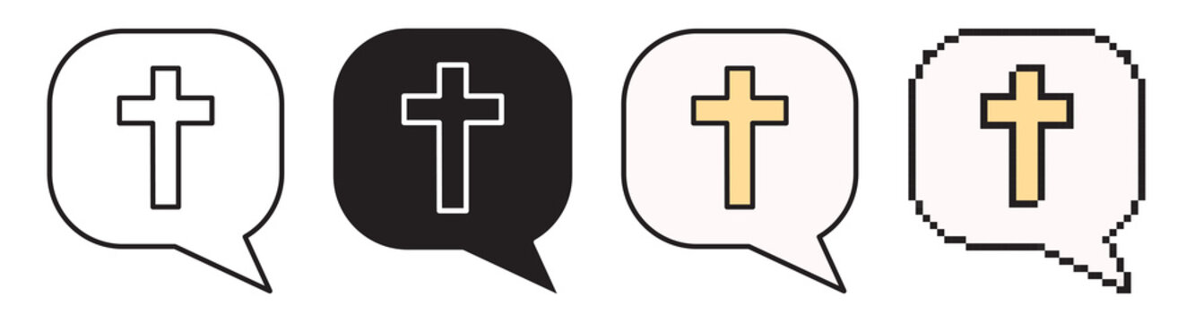 Vector illustration of a cross inside a speech bubble in four styles: linear with editable stroke, solid black, flat color, and pixel art. Christian symbol for religious chat and Easter news.