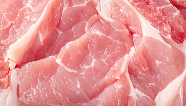 Fresh raw pork slices closeup overhead view for food preparation