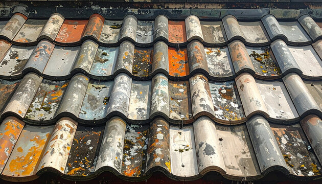 Weathered roof tiles close up showing texture and color variations
