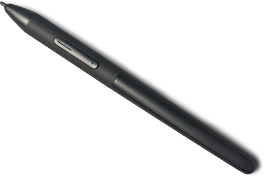 black digital stylus pen for graphics tablet isolated white background, matte plastic finish with pressure-sensitive tip and side toggle, top view with shadows