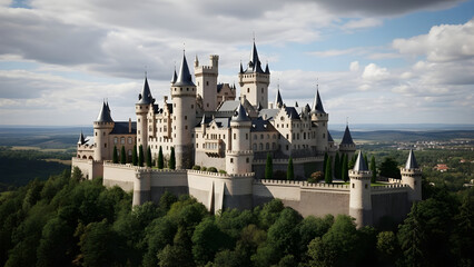 Obraz premium A majestic castle sits atop a hill surrounded by lush green trees under a cloudy sky.