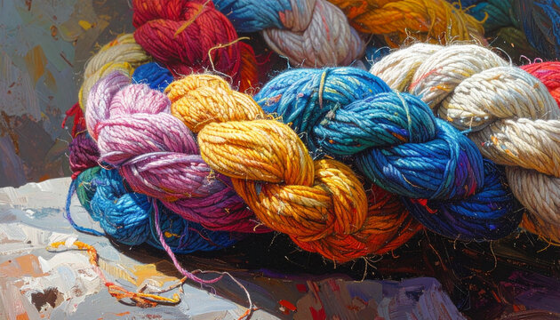 Close up of multicolored yarn textures and details textile art and design