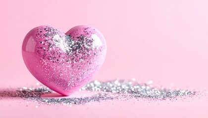 Fototapeta premium Pink heart with silver glitter on pink background.
