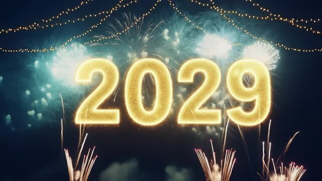 A bright yellow 2029 sign surrounded by fireworks and string lights on a dark background