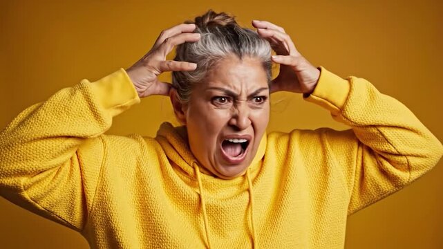 An older adult woman with graying hair expresses extreme frustration and anger, clenching her fists and grimacing against a plain yellow background