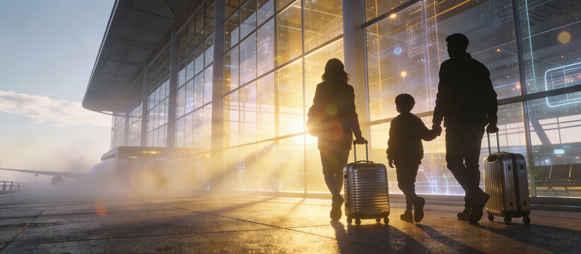 Cinematic 21:9 banner of family silhouettes with luggage in airport terminal. Morning mist and tyndall effect through glass. Warm yellow tone. For airline promotion. 8K, realistic render, clean space.