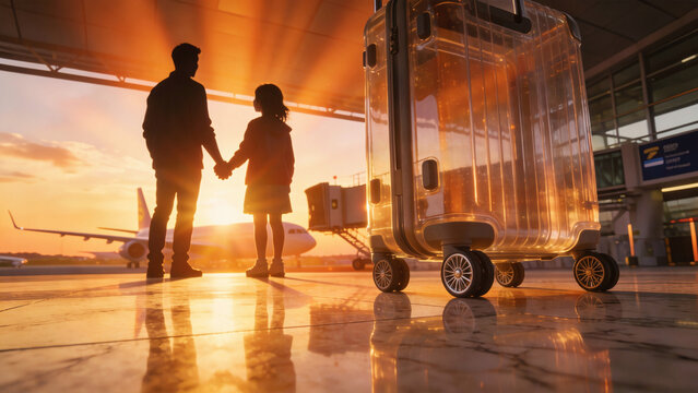 Heartwarming family silhouette holding hands at airport gate during golden hour sunset. Warm orange cinematic lighting with Tyndall effect and floor reflection. Low angle shot with copy space for ads.