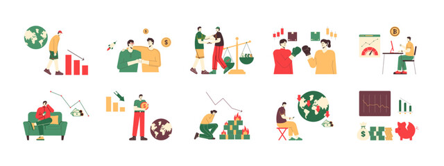 Fototapeta premium Collection of 10 trade war illustrations. Flat vector concept.