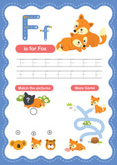 Fototapeta premium Alphabet Letter F Tracing Worksheet for Kids, Preschool and Kindergarten Handwriting Practice, F is for Fox ABC Learning Printable
