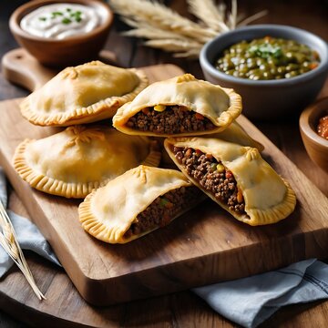three golden-baked Argentinian Empanadas on a wooden board, with one slightly cracked open to show the savory ground beef and olive filling. Background is a pampas grass texture.  no blur, s