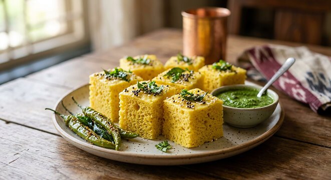Khaman Dhokla made up of rice or urad dal is a popular breakfast or Snacks recipe from Gujarat, India, served with Green chutney and fried chilli.. Selective focus