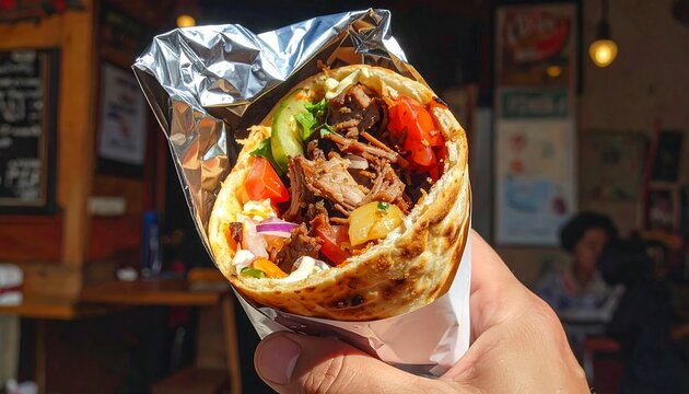 A hand holding a large wrapped burrito filled with meat and vegetables