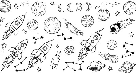 Space Doodle Set: Hand-Drawn Rockets, Planets, Constellations, and Stars in Black and White © naila