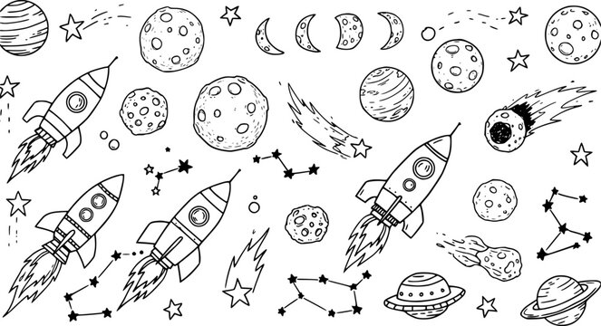 Space Doodle Set: Hand-Drawn Rockets, Planets, Constellations, and Stars in Black and White