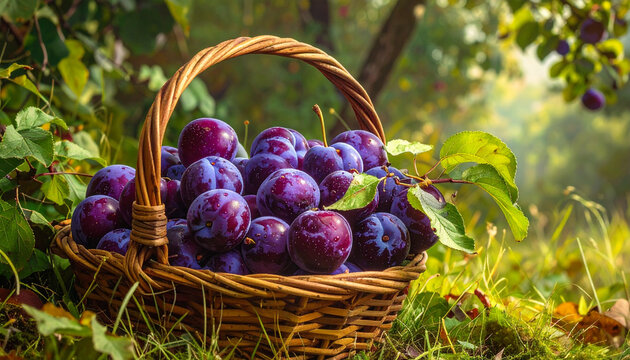 Fresh healthy plums and colorful Easter eggs in a wicker basket with ripe red apples and juicy organic green grapes isolated on white