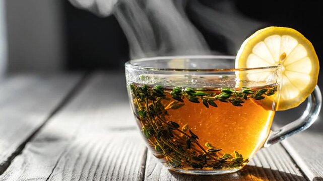 Close-up of steaming herbal tea in a glass cup with fresh thyme and lemon slice