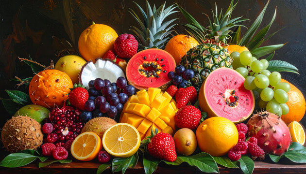 A vibrant variety of fresh, juicy fruits and vegetables including apples, pineapples, and citrus are arranged on a white table to create a healthy, ripe, and tropical food display