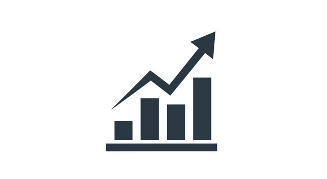 A dark gray vector icon representing business growth and positive market trends with an upward trending arrow over bar charts.