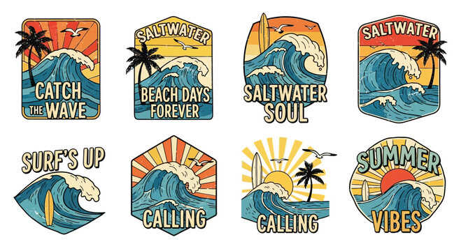 Retro Surf Badges: Catch the Wave, Beach Days, Saltwater Soul, Summer Vibes