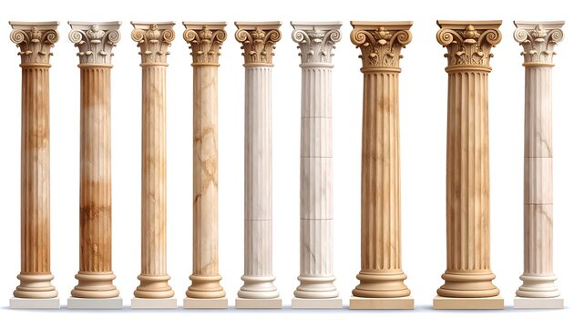 Aesthetic collection of antique architectural columns on a seamless white background
