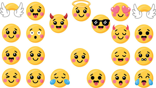 Digital cartoon emoji icon set of 13 expressive yellow faces including happy, laughing, heart-eyed, cool, winking, devil, and halo expressions