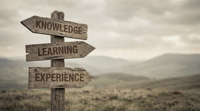 Wooden signpost with knowledge learning and experience words in natural landscape concept