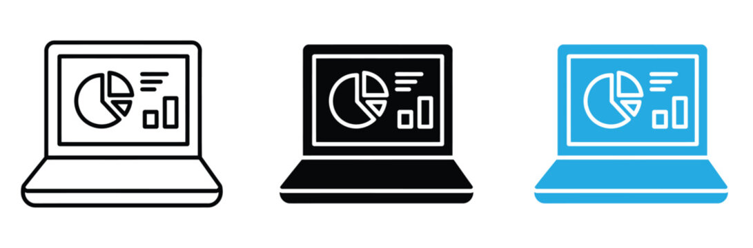 Laptop with Financial Data Analytics Chart and Graph Icon Set.Laptop computer icons with pie chart and graph on screen