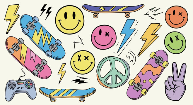 Retro Skateboard and Smiley Face Doodle Art Collection