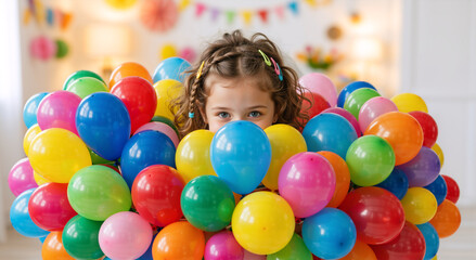 Obraz premium Young girl peeking from behind a pile of colorful balloons. Child celebrating birthday party with vibrant decorations. Playful kid hiding behind multi colored balloons
