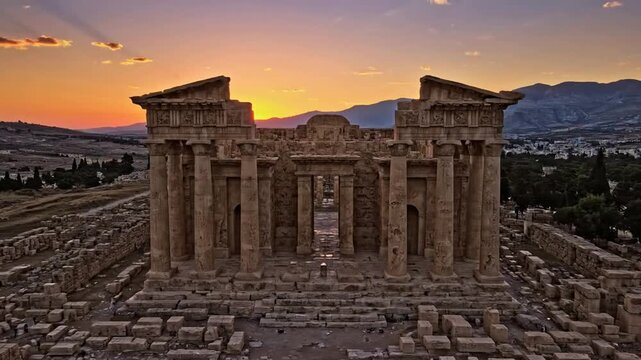 Majestic Ancient Greek Temple Ruins at Golden Sunset Aerial Drone Flyover