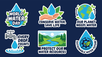 Naklejka premium World Water Day Conservation Sticker Set with Ecology Icons for Environmental Awareness and Corporate Social Responsibility