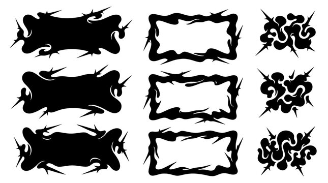 Collection of black abstract spiky banners, wavy gothic frames, and edgy liquid splash borders. Perfect for dark Y2K streetwear and graphic art