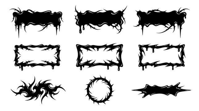 Collection of black dripping neo tribal banners, spiky gothic thorn frames, and edgy silhouettes. Perfect for dark streetwear and Y2K vector art