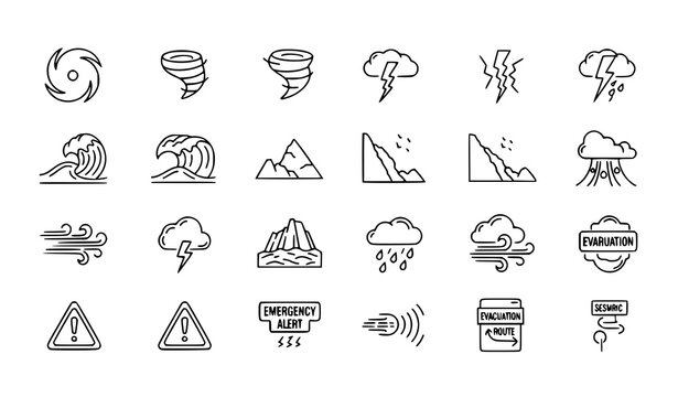 Hurricane and disaster outline icon set with tornado tsunami earthquake and emergency symbols for UI design