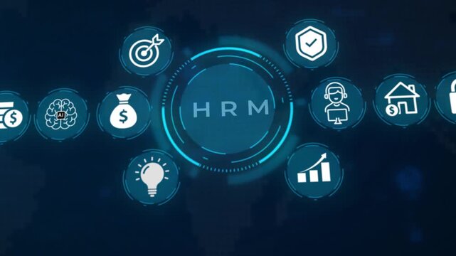 Digital marketing strategy concept with interconnected representing goals finance ideas security and growth on a dark blue technological background with a central circular interface displaying the