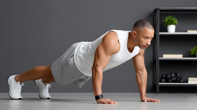 Fit man with gray hair doing push-ups indoors, showing dedication to exercise and a healthy lifestyle, push up, strength training, middle aged, one person, t shirt, physical activity