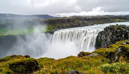 Fototapeta premium A breathtaking waterfall cascades down a rugged rocky slope